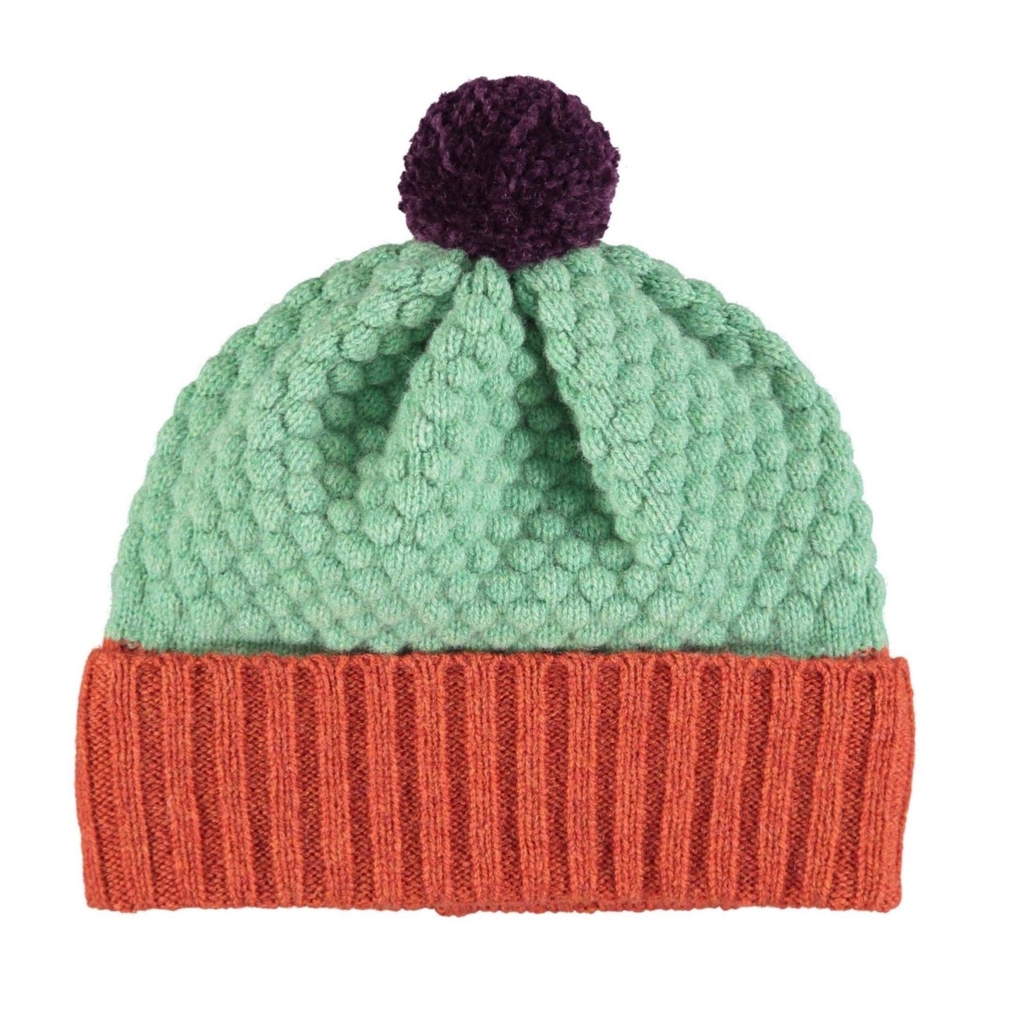 Catherine Tough Kids Bobble Hat Mint/Rust 100% lambswool