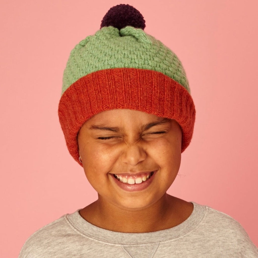 Catherine Tough Kids Bobble Hat Mint/Rust 100% lambswool