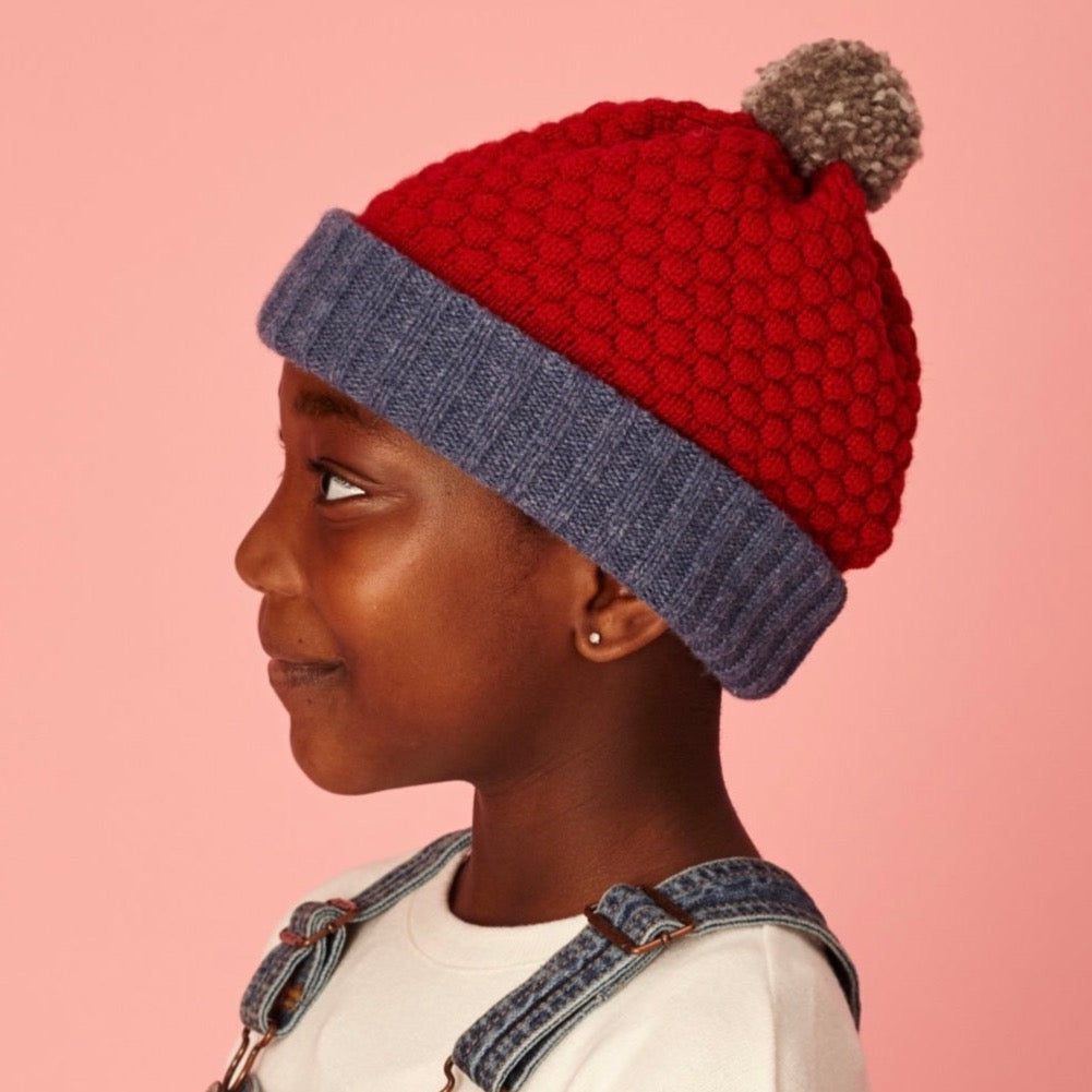 Catherine Tough Kids Bobble Hat Red/Blue 100% lambswool